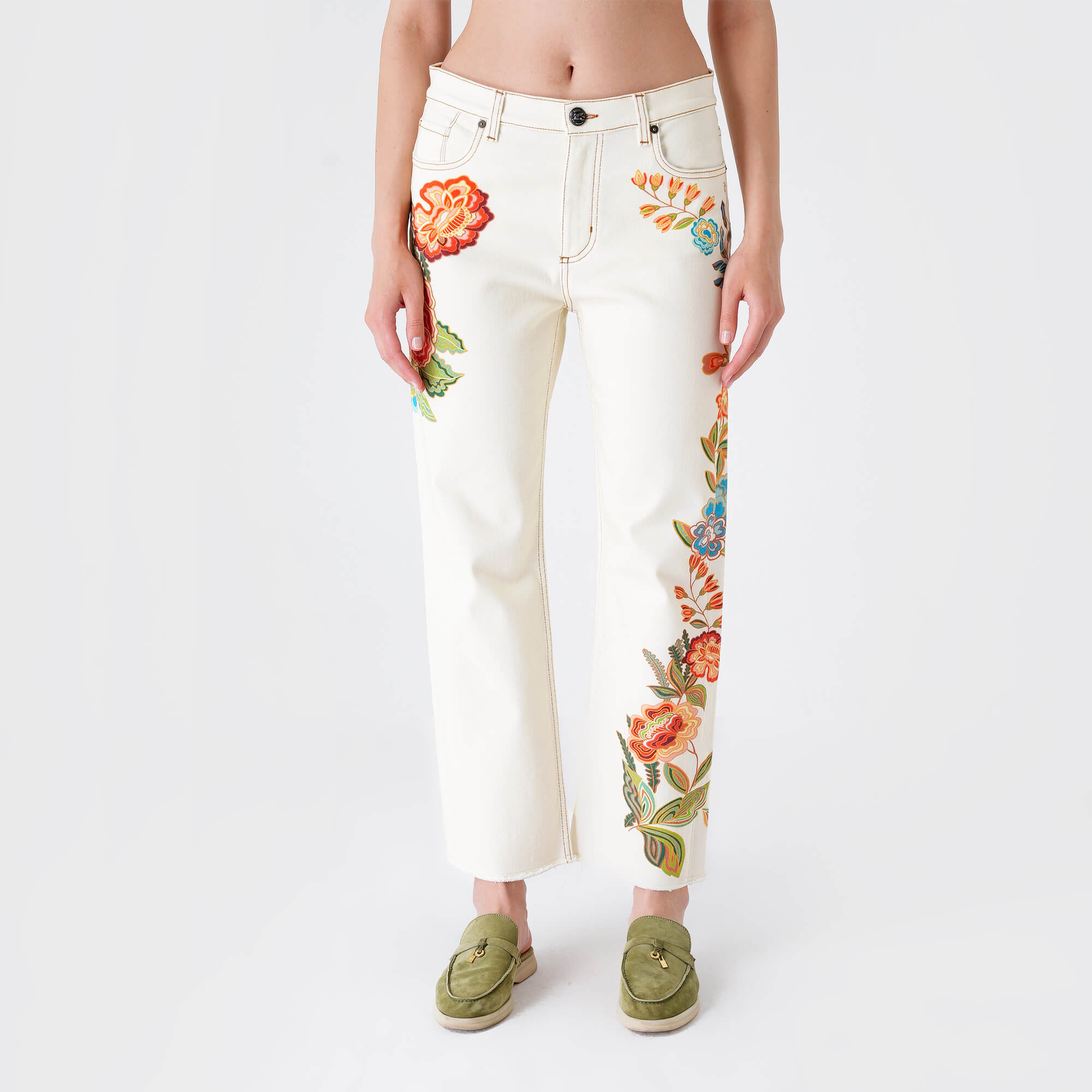 Etro - Cream Denim&Orange Floral Embossed Flare Jean Pants